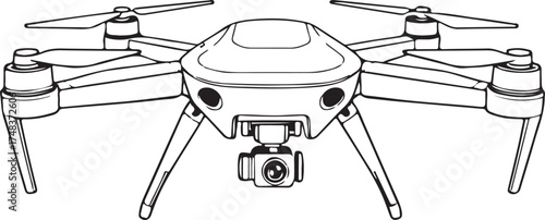 Drone with Camera Hand-drawn Sketch Drawing Vector Illustration, Line Linear Symbol Engraving Coloring Book, Black and White Isolated