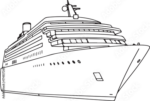 Cruise Ship Hand-drawn Sketch Drawing Vector Illustration, Line Linear Symbol Engraving Coloring Book, Black and White Isolated