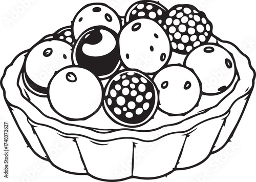 Berry Fruit Tart or Tartlet Dessert Pastry Hand-drawn Sketch Drawing Vector Illustration, Line Linear Symbol Engraving Coloring Book, Black and White Isolated