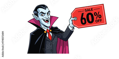 A cartoon vampire with a cape and fangs holds up a sale tag advertising sixty percent off.