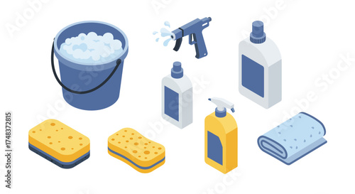 Isometric cleaning supplies set with soap, sponges, and spray bottles