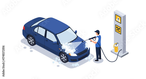 Isometric car wash scene with man cleaning blue sedan using high-pressure hose