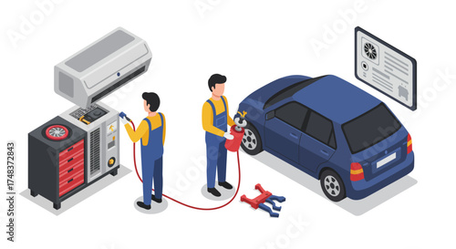 Isometric car repair scene with mechanics and garage equipment