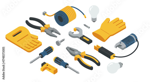 Isometric tools set: pliers, wrench, screwdriver, and more for diy and mainte…