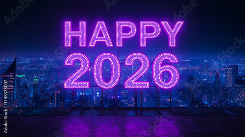 Happy 2026 glowing neon sign with purple festive light