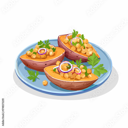 Geröstete Sußkartoffeln mit Kichererbsen und frischen Kräutern
