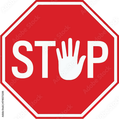 Red octagonal stop sign with hand gesture silhouette on transparent background