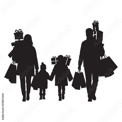 Family Carrying Shopping Bags and Gifts After Christmas Shopping Silhouette Vector