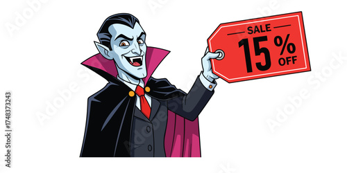 Vampire promoting a 15 percent off sale with a red tag