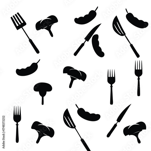 Solid Black and White Seamless Pattern of Barbecue Tools