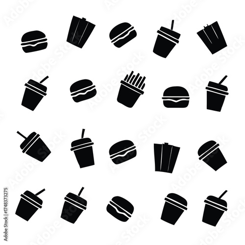 Solid Black and White Seamless Pattern of Fast Food Icons