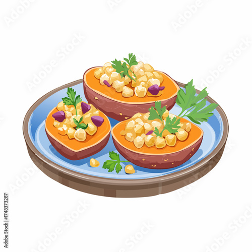 Geröstete Sußkartoffeln mit Kichererbsen und frischen Kräutern