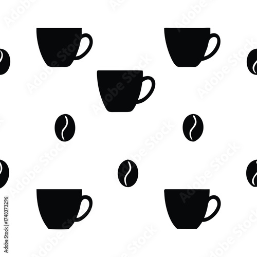 Solid Black and White Seamless Pattern of Coffee Cups, Mugs, and Beans
