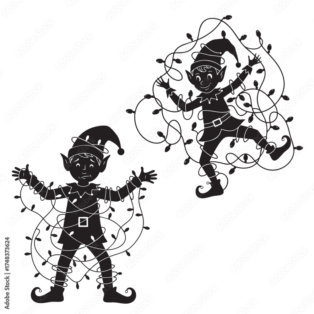 Obraz premium Funny Christmas Elf Tangled in Holiday Lights Vector Silhouette Set