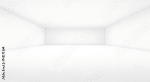Expansive empty white room with bright even lighting, offering a minimalist interior background for product displays or architectural concepts
