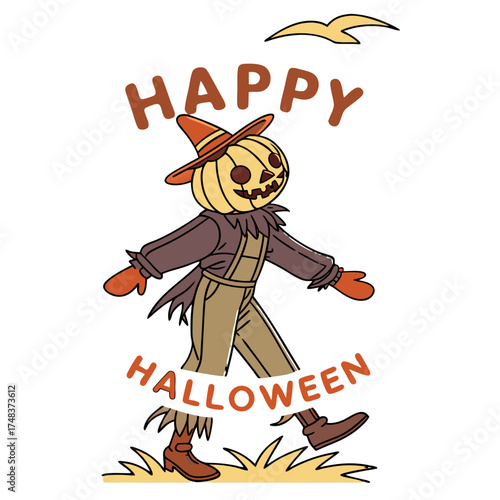 Happy Halloween Pumpkin Scarecrow Vector Illustration – Cute Autumn Harvest Scarecrow with Pumpkin Head and Witch Hat for Halloween Greeting Design