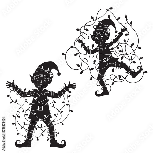 Funny Christmas Elf Tangled in Holiday Lights Vector Silhouette Set