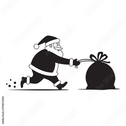 Santa Claus Running and Pulling a Heavy Bag of Gifts Vector Silhouette