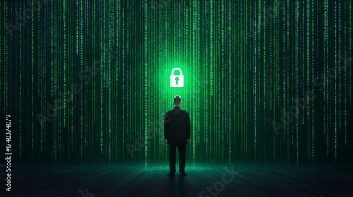 Green background for cyber security concept  man with glowing lock 