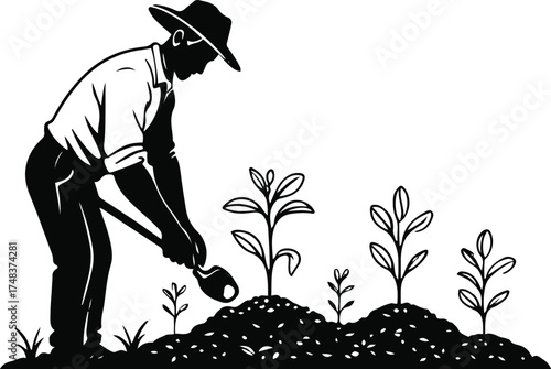 minimalist black line art of a farmer planting coffee seeds in soil, tiny seedlings growing, clean vector illustration, white background, smooth outline, well-balanced composition, suitable for coffee