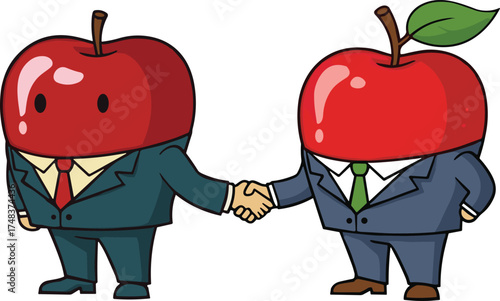Cartoon apple head businessmen shaking hands, fruit character partnership illustration, creative business concept, red apple mascot in suits, teamwork agreement