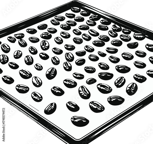  black line art illustration of coffee beans drying under the sun on a flat surface, clean vector style, minimal composition, white background, evenly spaced design 2
