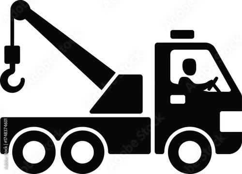 Detailed black tow truck icon with crane perfect for design on transparent background silhouette