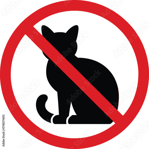 No cats allowed prohibition sign with a black cat silhouette on transparent background