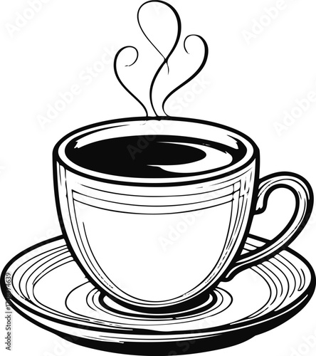 black line art showing a cup of freshly brewed coffee served on a saucer with gentle steam, minimalist vector outline, white background, cozy balanced layout 2