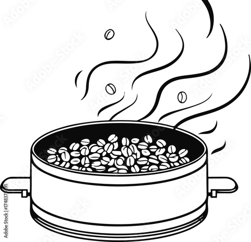 minimal black line art of coffee beans roasting in a drum roaster, heat waves and aroma lines illustrated smoothly, clean vector outline, white background 3