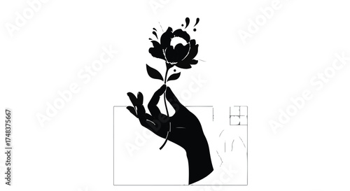 Elegant hand holding a delicate blooming flower in a minimalistic design