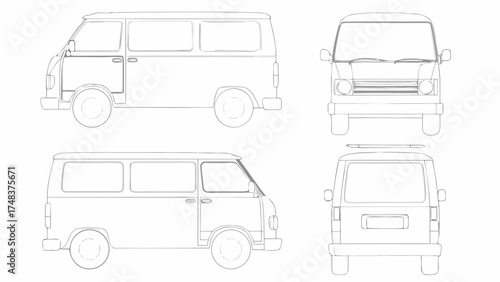 Outline drawing of a van with side front and back views showcasing its design and proportions accurately