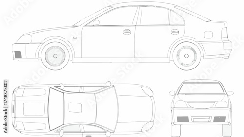 Three views of a car blueprint showing the side top and front profiles in a technical drawing style format