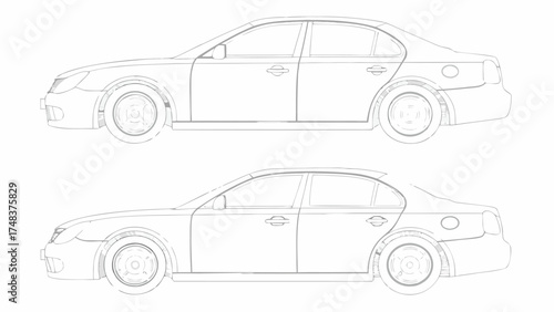 Two white car outlines showcasing sedan designs with visible wheels and side profiles on a white background