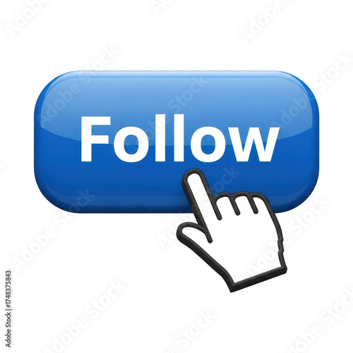 Blue social media “Follow” button with white text and hand cursor clicking, glossy UI design, subtle shadow, modern D button style, isolated on transparent background, perfect for social media sticker
