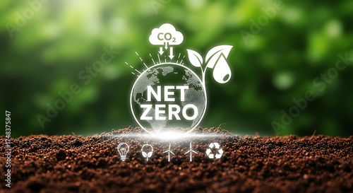 Net Zero concept with a globe showing CO2 emissions reduction and sustainable icons in a fertile environment