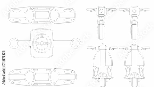 Outline drawing of a futuristic scooter design with multiple views and detailed technical specifications