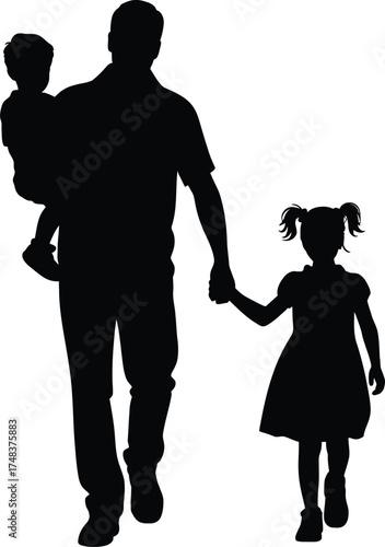 Father walking with daughter and son family silhouette on transparent background