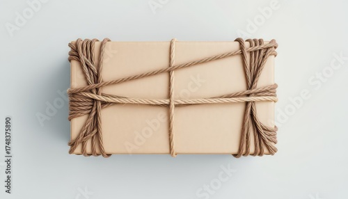 Parcel wrapped with intricate natural twine, a minimalist presentation of sustainable packaging on a light surface