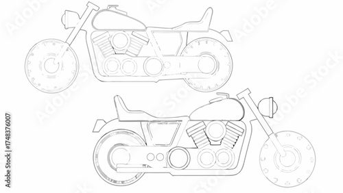 Two outlined motorcycles with detailed engines and tires facing opposite directions on a white background