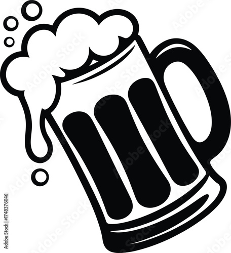Black beer mug with foam bubbles vector graphic on transparent background silhouette