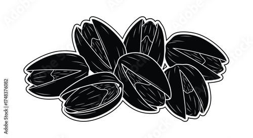 Monochrome Pistachio Nuts Vector Illustration: Healthy Snack, Nutrient-Rich Food Source, Organic Vegetarian Diet, Vegan Ingredient, and Culinary Use.