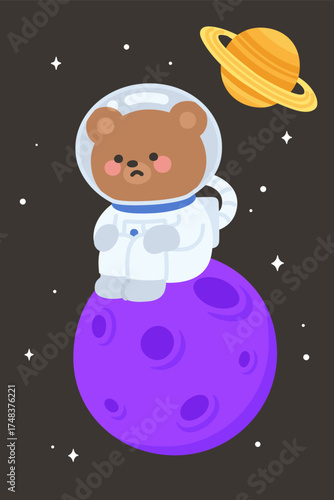 Cute astronaut bear sitting sadly on purple planet
