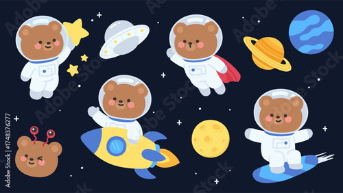 Playful Astronaut Bear Vector Set with Rocket and Stars