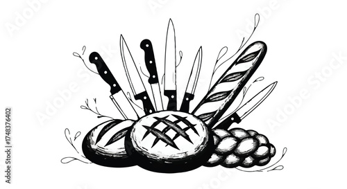 Sharp knives surround fresh bread and grapes, evoking culinary preparation and artistry.