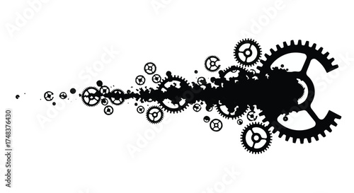 Abstract explosion of intricate gears and mechanical elements on a white background.