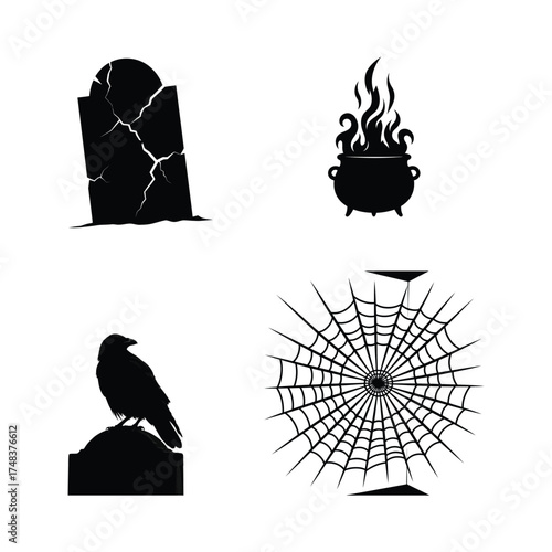 Vector art of halloween silhouettes featuring a tombstone, cauldron, raven, and spiderweb for spooky season decorations and designs