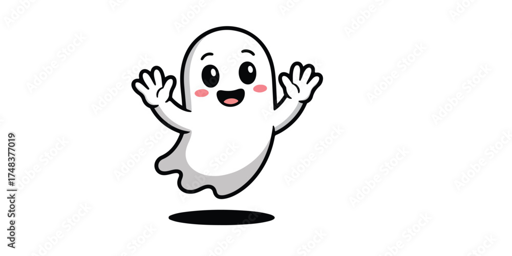 Fototapeta premium Cute cartoon ghost with rosy cheeks and raised hands