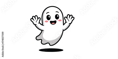 Cute cartoon ghost with rosy cheeks and raised hands