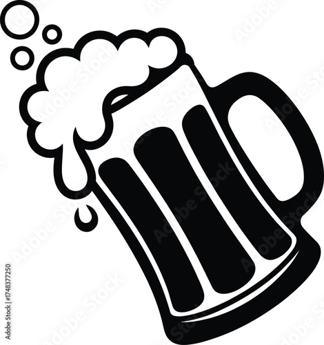 Black beer mug with foam bubbles a stylish silhouette on transparent background